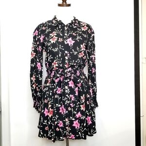 Free People Black Floral Bishop Sleeve  Cottagecore Prairie Boho Mini  Dress, XS